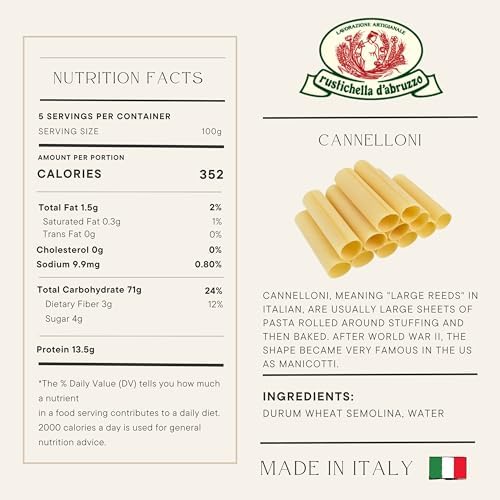 Rustichella d'Abruzzo Cannelloni - 20 Large Pasta Tubes for Stuffing - Classic Durum Wheat Pasta from Italy, Perfect for Baking