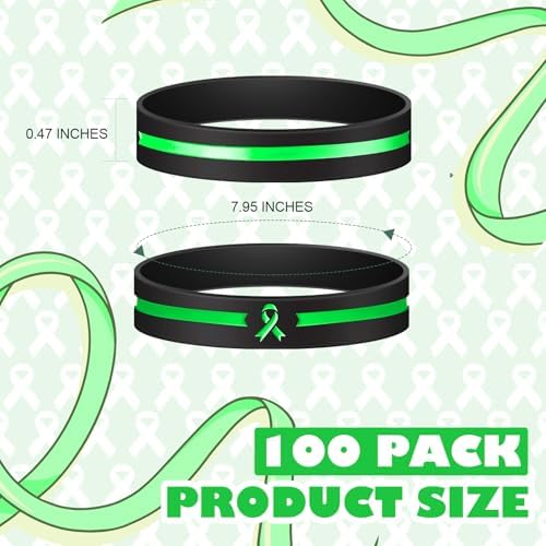 Hiboom 100 Pcs Mental Health Awareness Silicone Bracelets Green Ribbon Rubber Bracelets Motivational Bracelet Unisex for Men Women Mental Health Awareness Month Gifts