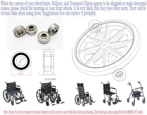 Wheelchair Caster Bearings,Wheelchair Front Wheel Bearings,Transport Chairs,Rollator,Wheelchair Universal Replacement Parts,ID8.0*OD22*T11mm,Compatible with 8.0MM(5/16") Wheel axles,STDS1011,(4pcs)