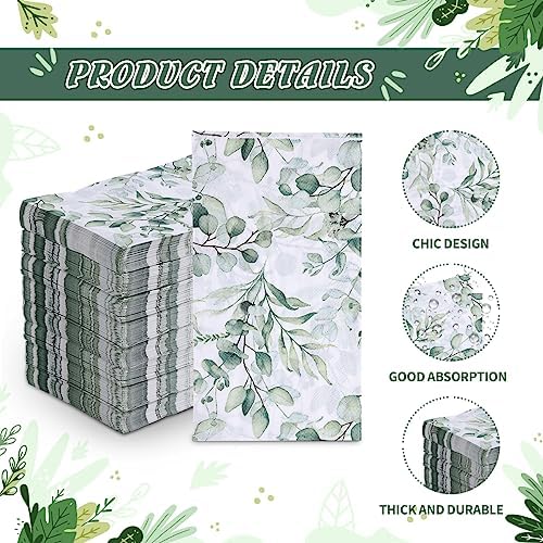 100Pcs Disposable Greenery Guest Napkins Paper Disposable Hand Towels Green Leaves Decorative Paper Dinner Hand Napkin for Bathroom Baby Shower Party Supplies Table Decor