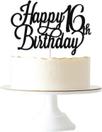 Happy 16th Birthday Cake Topper, Black Glitter 16 & Fabulous/Hello 16th Birthday Anniversary Party Cake Decorations Supplies