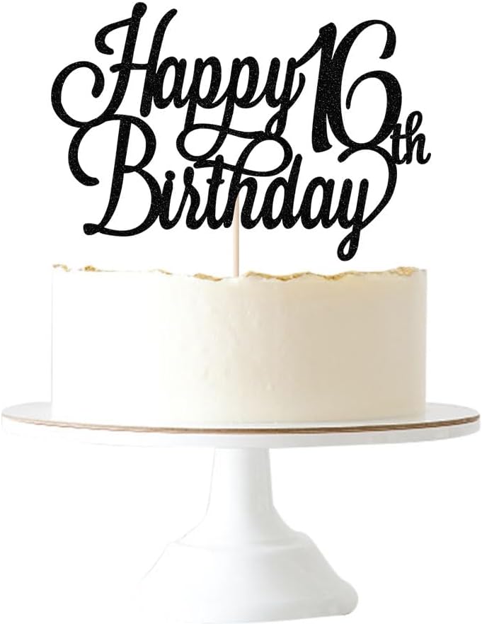 Happy 16th Birthday Cake Topper, Black Glitter 16 & Fabulous/Hello 16th Birthday Anniversary Party Cake Decorations Supplies