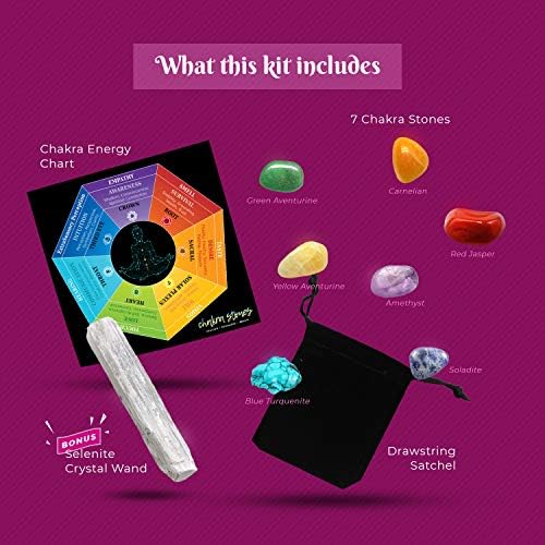 Chakra Stones Healing Crystals Set | 7 Reiki Healing Stones for Healing and Recharging | Tumbled Meditation and Worry Stone Kit | Chakra Crystals for Beginners with Selenite Wand and Energy Chart