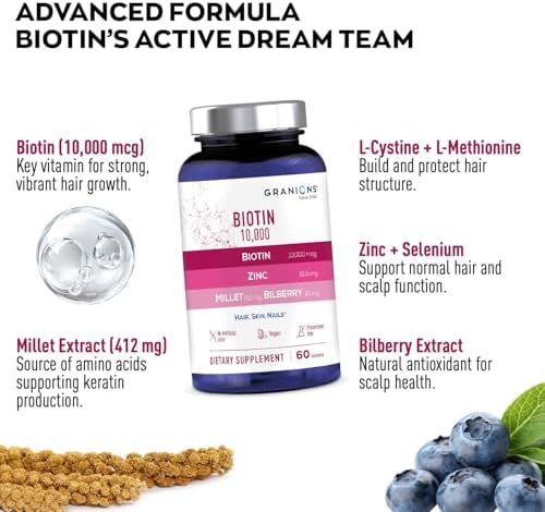 Granions Biotin 10,000 mcg Hair, Skin and Nails Pills - Extra Strength Biotin Complex with Zinc, Selenium, Millet, Bilberry, Aminos - Hair Growth Vitamins Supplement for Women & Men - 60 Tablets