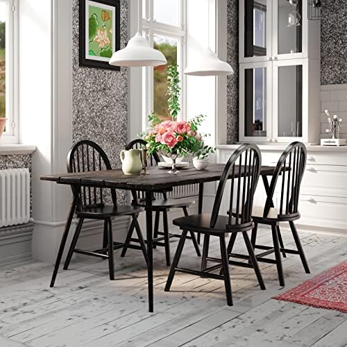 Giantex Wood Dining Chairs Set of 2, Windsor Chairs with Solid Wood Legs, High Spindle Back, H-Shaped Crossbars, Vintage Country Farmhouse Style Wooden Side Chairs, Black