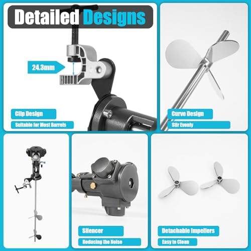 50 Gallons Pneumatic Mixer, 1.135m/3.72ft Stainless Steel Detachable Drum Mixer Silver Coating Mix Tool Barrel Paint Mixer of 50-2000rpm Stepless Speed with Built-In Silencer