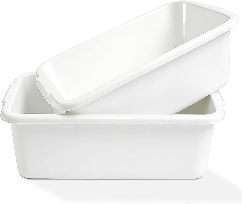 2 Pack Plastic Dish Pans, 12 Quarts White Rectangle Dishpan Basins, Large Capacity Wash Basin Tub with Handles for Kitchen Sink, Bathroom Washing, Soaking and Storage Supplies
