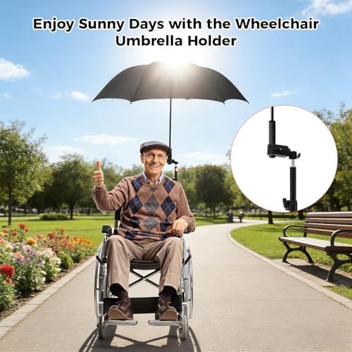Wheelchair Umbrella Mount Holder, Umbrella Clamp for Wheelchairs, Adjustable Height & Angle, Easy Tool-Free Installation, Outdoor Sun & Rain Protection for Wheelchairs, Strollers（Only Mount）