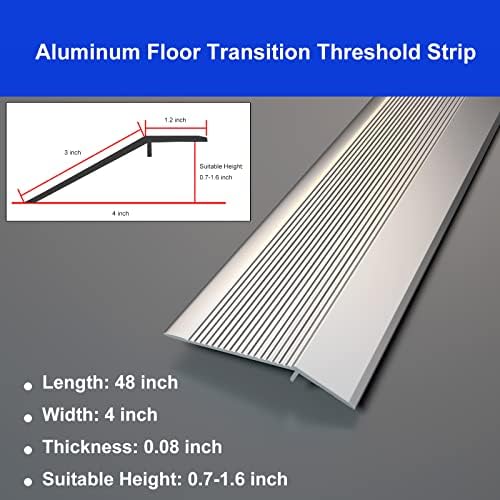 NeatiEase Threshold Ramps for Doorways, 48" Metal Floor Transition Strip Replacement, Aluminum Floor Reducer Molding for Carpet/Entry Door/Tile/Threshold/Wheelchair (Silver)