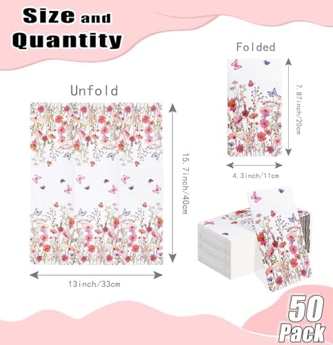 HEIPINIUYE 50 Pieces Spring Floral Paper Napkins 3-ply Wildflower Guest Napkins Disposable Hand Towels for Bathroom Wedding Birthday Valentines Party Dinner Napkins