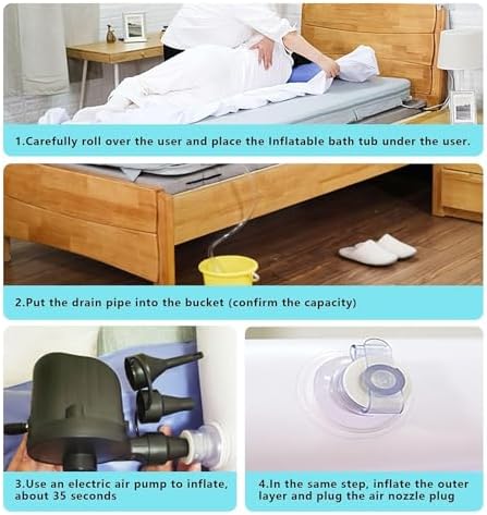 Medical Bedside Shower Inflatable Bathtub Kit,Portable Inflatable PVC Body Washing Basin System with Water Bag & Electric Air Pump,Bath in Bed Assistive Aid