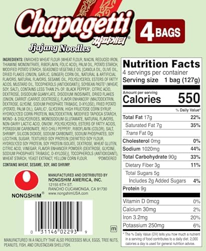 Nongshim Ramen Noodles, Gourmet Instant Ramen, Premium Microwavable Noodle, Chapagetti, 4.5 Ounce (Pack of 4)