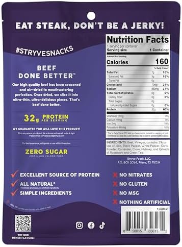 Stryve Protein Snacks - Better Than Jerky Steak - Grassfed Beef Biltong | 32g Protein, Sugar Free, Zero Carbs, Gluten Free, Dairy Free, Keto & Paleo Friendly | Original, Pack Of 4