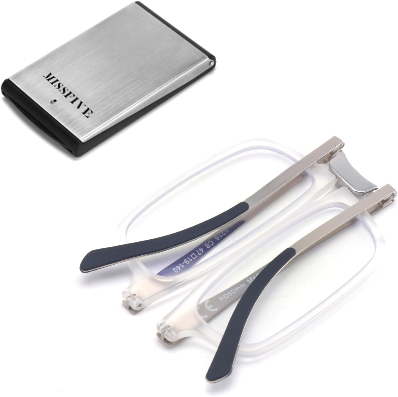 Missfive Premium Folding Foldable Reading Glasses for Men Women Blue Light Blocking, Super-Thin Portable Travel Pocket Readers with Durable Metal Case, Clear Frame, 3.0x