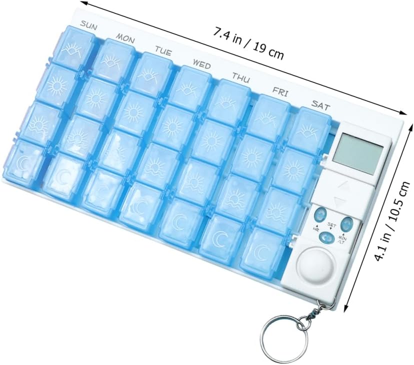 Fomiyes 7 Day Timed Medicine Box with Alarm Reminder 28 Grids Compartments Removable Timer Backlight Weekly Pill Organizer for Vitamins and Pills 7.48 * 4.13 * 0.98inch