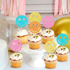 24 Pack Smile Face Cupcake Toppers Y2k Pink Party Bachelorette Cupcake Picks Lightning Star Birthday Party Supplies