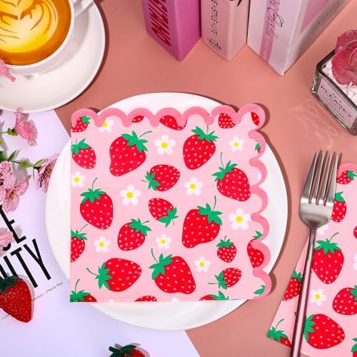 Whaline 50 Pcs Strawberry Scalloped Paper Napkins Pink Red Strawberry Flower Disposable Napkins Summer Fruit Luncheon Dinner Napkin for Birthday Party Table Supplies