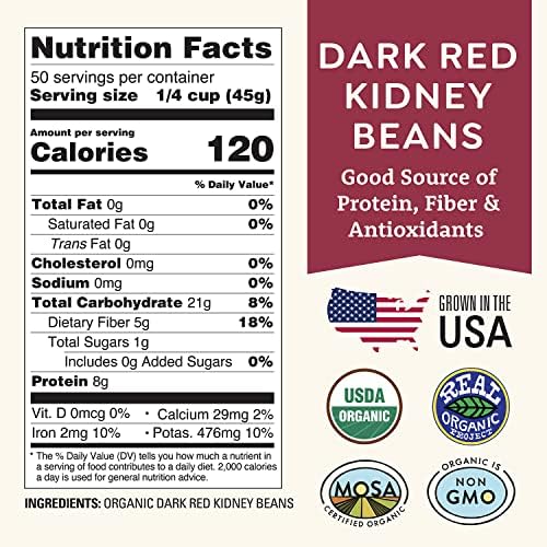 Organic Dried Dark Red Kidney Beans 5 lb - Non-GMO, USDA Organic, Farmed From Regenerative Soil, Tested Clean Certified, Vegan, Rich in Fiber & Protein for Soups, Salads, & Chili - Grown In USA by Doudlah Farms