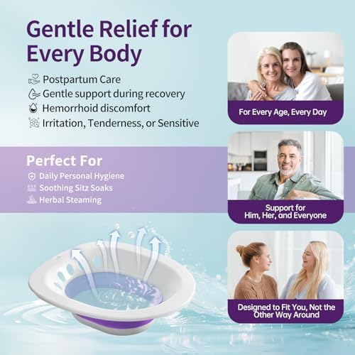 RUGUO Sitz Bath for Toilet Seat - Yoni Steam Seat - Sitz Bath for Hemorrhoids and Postpartum Care - Portable Bidet BPA Free - Foldable Basin for Epsom Salt Soak - Amethyst