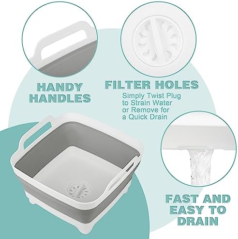 2 Pack Dishpan for Washing Dishes, 2.4Gal/9L Wash Basin with Draining Plug Carry Handles, Collapsible Bucket for Cleaning, Portable Sink, Foldable Plastic Tub