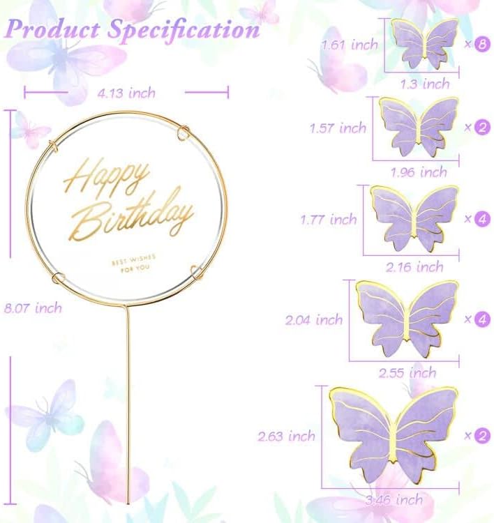 21 Pieces Butterfly Cake Toppers With Happy Birthday Cake Toppers 3D Pink Gold Butterfly Cake Decorations for Girls Women's Birthday Party Wedding Cake Decor Baby Shower (Purple)