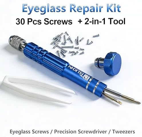 PTSLKHN Eye Glass Repairing Kit, S2 Steel Screwdriver with 15 Types of Screws, Precision Eyeglass Repair Tool Set (Blue 2in1-screws)