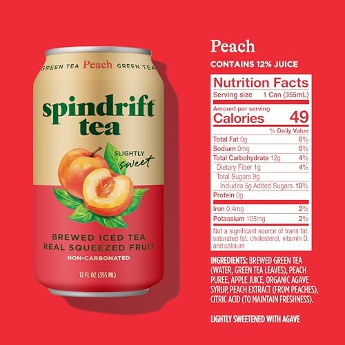 Spindrift Brewed Iced Tea, Peach Green Tea, Made with Real Squeezed Fruit, No Carbonation, Slightly Sweet, 12 Fl Oz Cans, Pack of 12 (Only 49 Calories per Can)