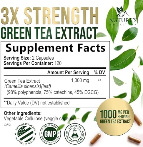 Green Tea Extract 1000 mg Per Serving - 3X Strength Green Tea Pills with 45% EGCG & 98% Polyphenols for Natural Energy - Vegan Antioxidant Herbal Supplement for Heart Support - 240 Capsules