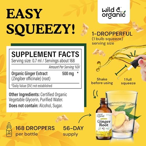 Wild & Organic Ginger Root Extract Drops - Immune & Digestive Support - Liquid Ginger Supplements - Easy to Add to Tea - Vegan, Sugar & Alcohol-Free Tincture - 4 fl oz