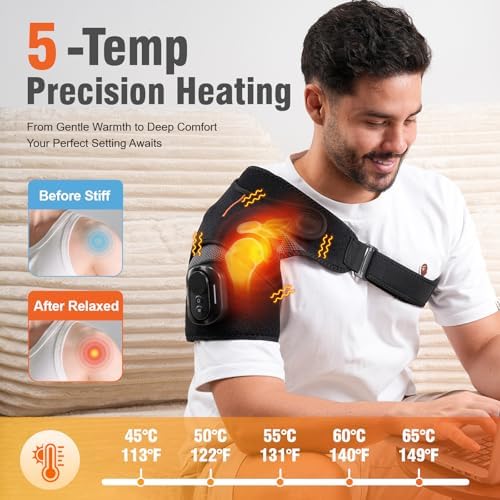 Cordless Shoulder Heating Pad with Detachable Remote, 5 Heat and 5 Vibration Heated Shoulder Wrap, Shoulder Brace Massager for Pain Relief, Warm Gifts for Women Men