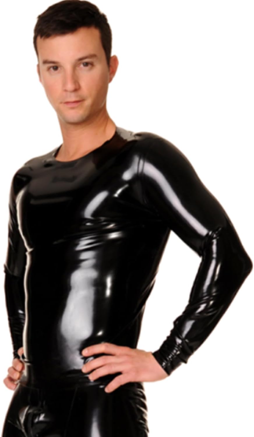Men's Long Sleeve Latex T-Shirt,Black Round Neck Long Sleeve Latex Tops,Suitable for Rubber Club Cosplay Costumes