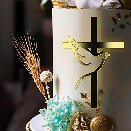 Mirror Acrylic Cake Topper - Dove Cross for Baptism, First Communion, Baby Shower, Birthday - Christian Party Decorations, DIY Cupcake Supplies, 3pcs
