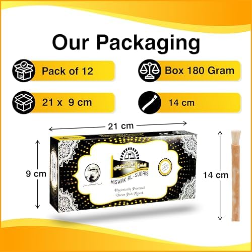 Al Sudais Miswak Natural Toothbrush Pack of 12 | Natural Toothbrush for Teeth Whitening, Oral Health, Fresh Breath, Siwak Stick Organic Wooden Vacuum Sealed Tooth Brush, Miswak Sticks for Teeth Sewak