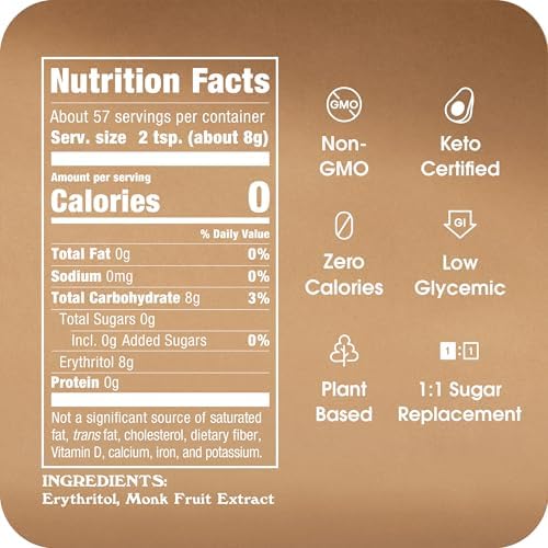 Monk Fruit In The Raw Sweetener Baker's Bag, 16 oz., Keto Certified Monk Fruit Sweetener, Zero Calories, Zero Net Carbs, Non-GMO Project Verified