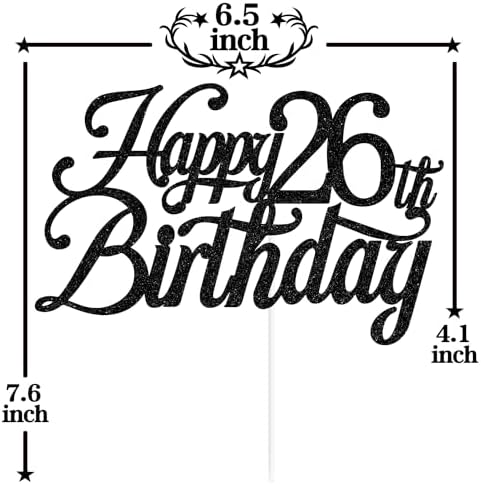 Black Glitter Happy 26th Birthday Cake Topper, Cheers to 26 Years/Level 26 Unlocked/26 Years Loved & Blessed, Funny 26th Birthday Party Decorations Supplies