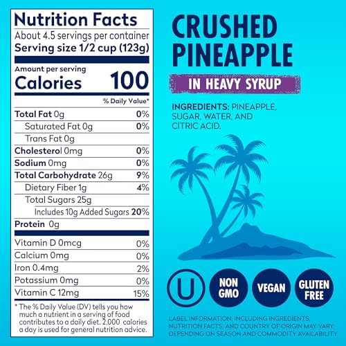 Dole Canned Fruit, Crushed Pineapple in Heavy Syrup, Gluten Free, Pantry Staples, 20 Oz, 12 Count, Packaging May Vary