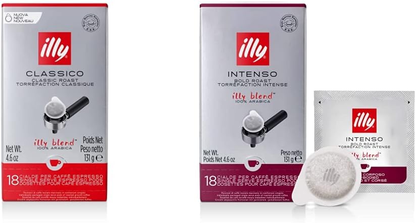 Bundle of Illy Coffee Single Serve Espresso, Classico Medium Roast E.S.E. Pods, 18 Count (Pack of 1) + Illy Intenso Bold Roast E.S.E. Pods, 18 Count (Pack of 1)