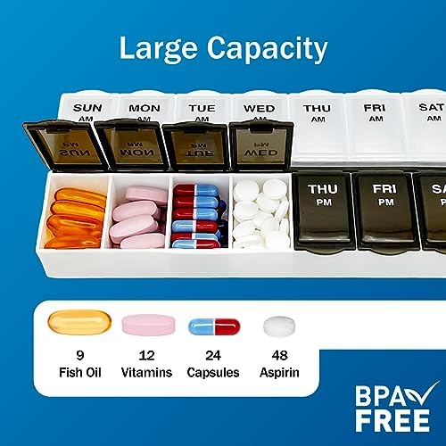 Amazon Basic Care 7-Day AM/PM Pill Organizer, Vitamin Case and Medicine Box with Large Compartments, 2 Times a Day, Black and Clear Lids (Pack of 2)