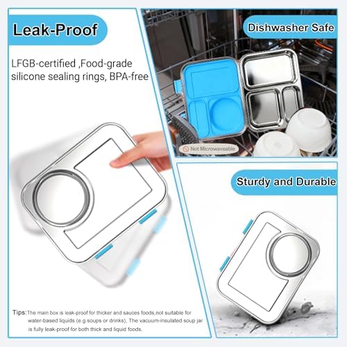 Stainless Steel Bento Lunch Box：7+ Older Kids，Teens ＆ Adult with Insulated Food Jar,Leakproof 3-Compartment,BPA-Free, Eco-Friendly,Dishwasher Safe, Large-Capacity Box, School,Office,Travel （Blue)