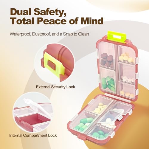 3Pcs Pill Organizer with Medicine Labels, 10 Compartments Travel Pill Box with Removable Labels, Portable Foldable Supplement Box Holder for Fish Oil Vitamin