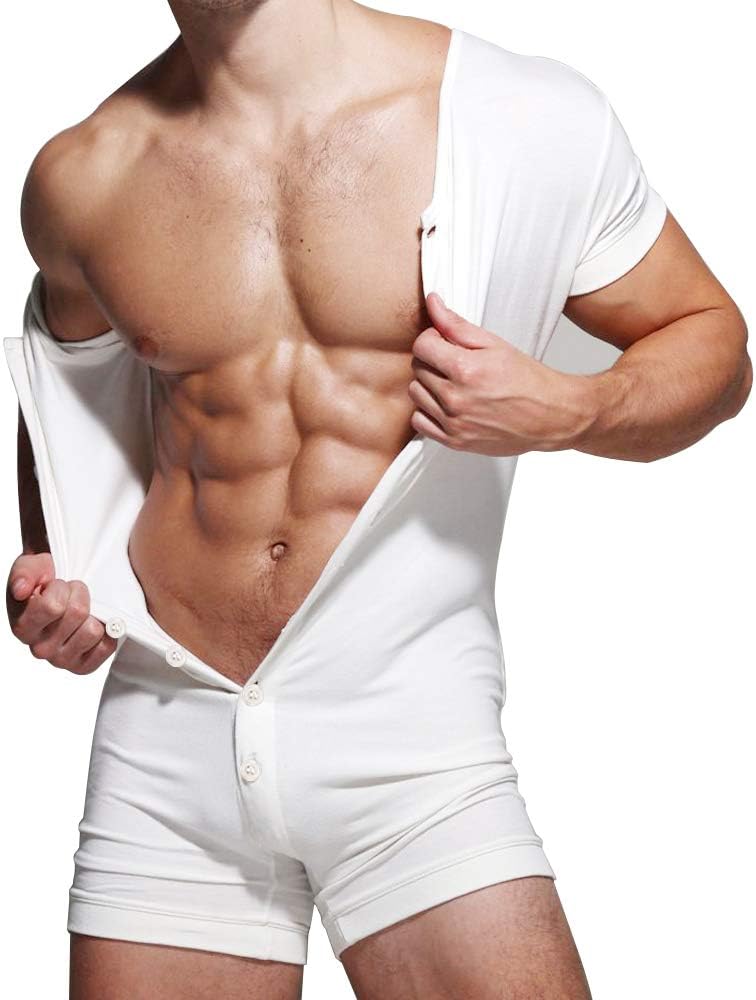 Mens Short Sleeve Onesie Henley Jumpsuit Pajamas Stretchy Cotton One Piece Garment