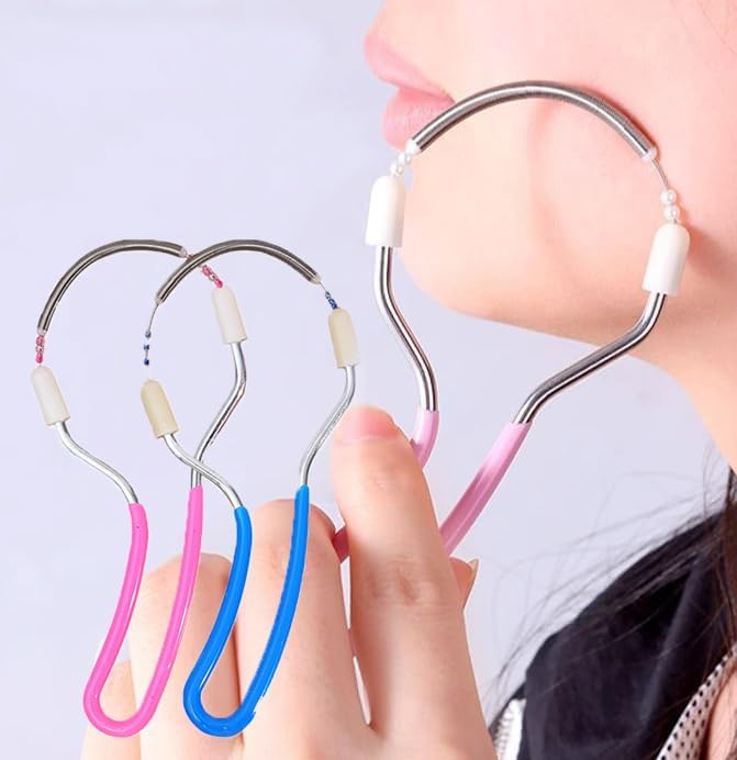 Spring Facial Hair Remover, Portable Stainless Steel Spring Threading Tool Upper Lip Chin Cheeks Removes Hairs Makeup Tool (Blue+Pink)
