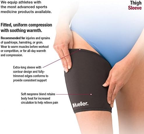 Mueller Sports Medicine Compression Thigh Sleeve for Men and Women, Leg Pain Relief Support, Ideal for Strains, Stiffness of Quads & Hamstrings, Fits Right or Left, Black