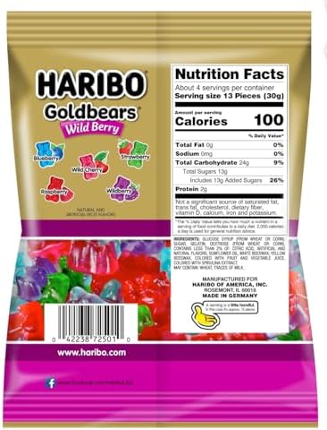 HARIBO Goldbears Wild Berry Gummi Candy, Fruit Flavored, 5 oz Share Size Bag (4 PACK)