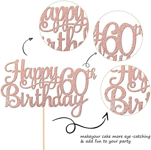 1 PCS Happy 60th Birthday Cake Topper Glitter Cheers to 60 Years Birthday Cake Pick 60 Fabulous Cake Decoration for Happy 60th Birthday Anniversary Party Decorations Supplies Rose Gold