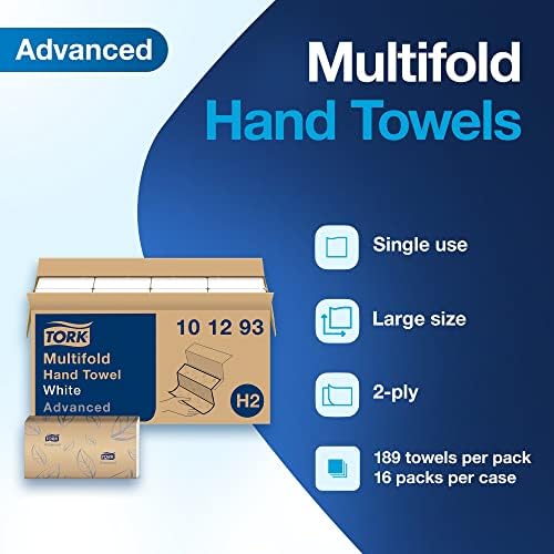 Tork Xpress Soft Multifold Hand Towel White with Grey Leaf Print, Absorbent, 189 Towels Per Pack, 16 Packs, Fits H2 Towel Dispensers