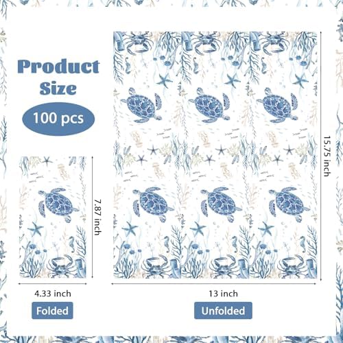 100Pcs Coastal Turtle Paper Napkins 3 Ply Blue Ocean Sea Turtles Disposable Absorbent Hand Towels Coral Starfish Guest Bathroom Napkin for Xmas Holiday Beach Wedding Birthday Dinner Party Supplies