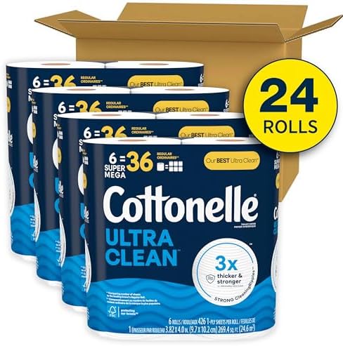 Cottonelle Ultra Clean Toilet Paper, 24 Super Mega Rolls (24 Super Mega Rolls = 144 Regular Rolls) (4 Packs of 6), 426 Sheets Per Roll, Packaging May Vary