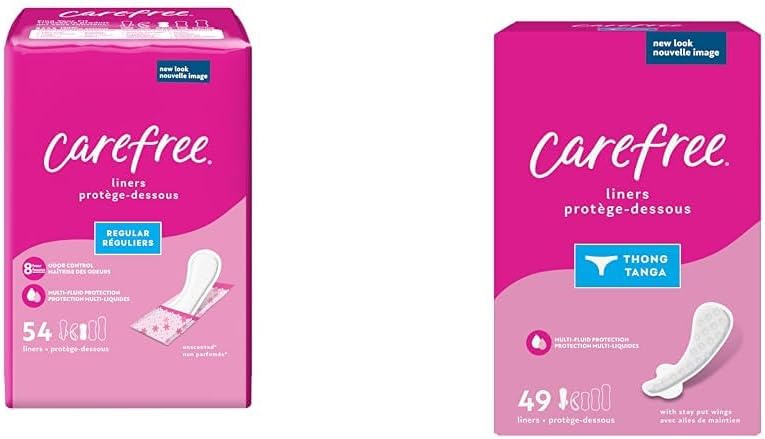 Carefree Panty Liners, Regular Liners, Wrapped, Unscented, 54ct (Packaging May Vary) & Thong Regular Liner (Pack of 1) Unscented 49 Count