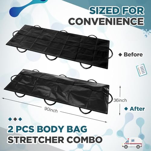 Reallnaive 2 Pcs Cadaver Body Bag Heavy Duty Vinyl Mortuary Bag with 8 Side Handles and Center Zipper for Stretcher Combo, Waterproof Cadaver Pouch for Funeral, Outdoor Hunting, 90 x 36, Black